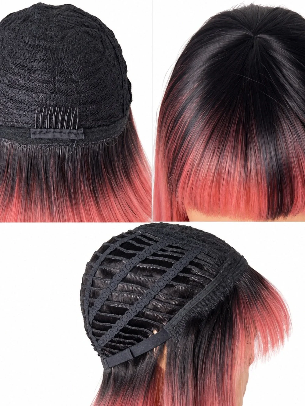 Long Straight Fringe bangs Wig in Rose Pink with Black Roots 26 inches long